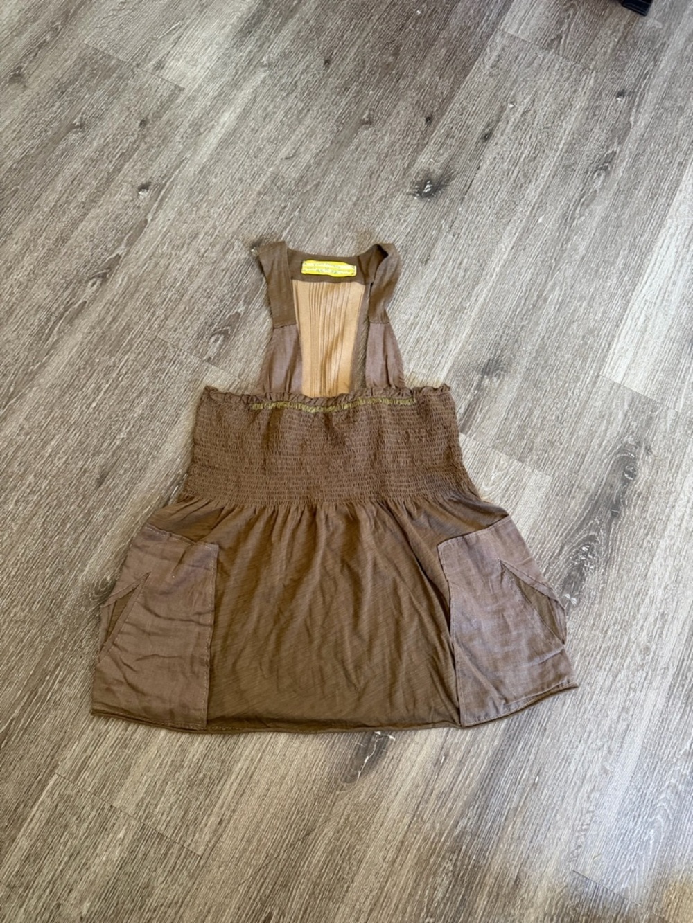 Brown Pocketed Smocked Apron Dress